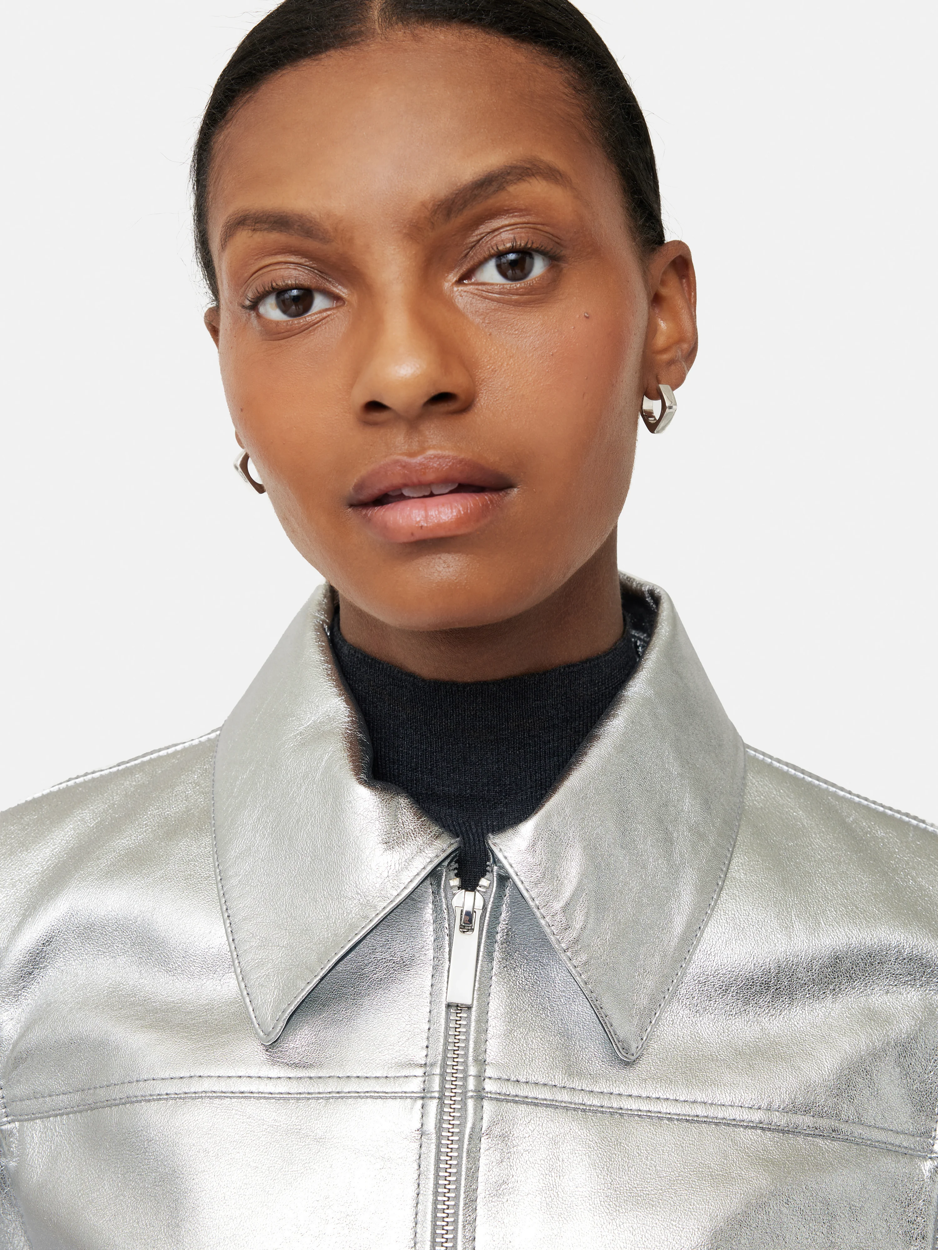 Zip Front Leather Biker Jacket | Silver - Image 4